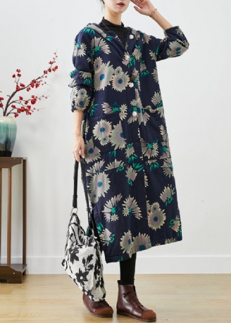 Warme Fleecejas Met Marineblauwe Print Uitloper Oversized Winter