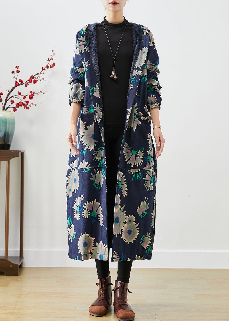 Warme Fleecejas Met Marineblauwe Print Uitloper Oversized Winter - Dames trenchcoats