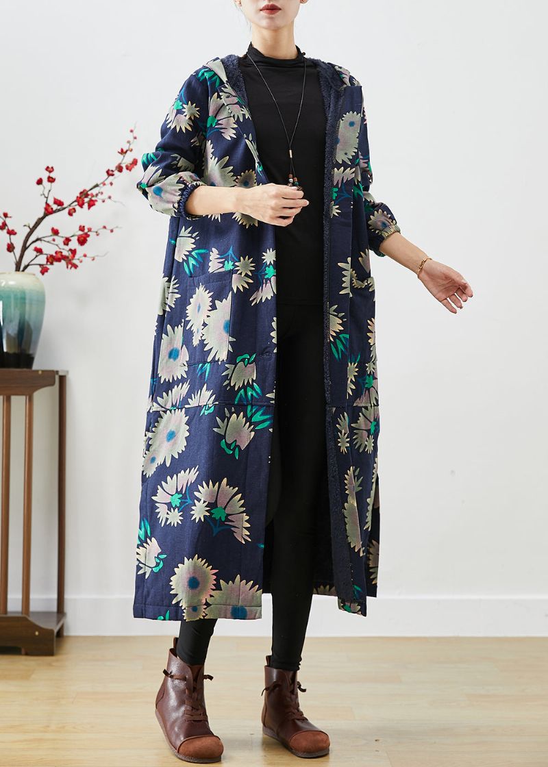 Warme Fleecejas Met Marineblauwe Print Uitloper Oversized Winter - Dames trenchcoats