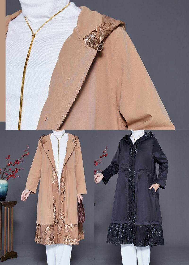 Zwart Patchwork Katoenen Trenchcoat Met Geborduurde Capuchon Herfst - Dames trenchcoats