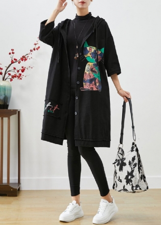 Zwart Patchwork Katoenen Trenchcoat Oversized Kattenprint Herfst