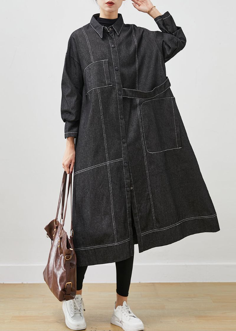 Zwarte Losse Denim Trenchcoat Oversized Zakken Lente