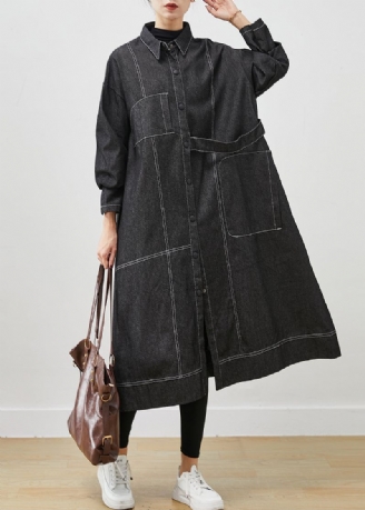 Zwarte Losse Denim Trenchcoat Oversized Zakken Lente