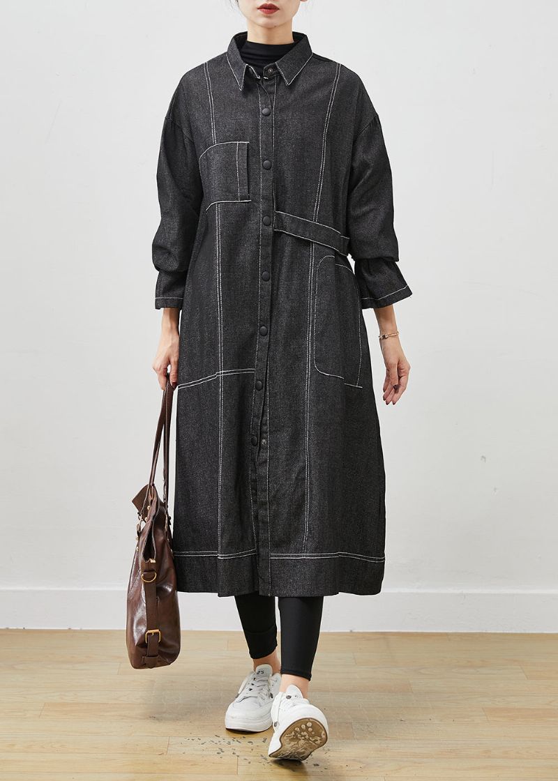 Zwarte Losse Denim Trenchcoat Oversized Zakken Lente - Dames trenchcoats