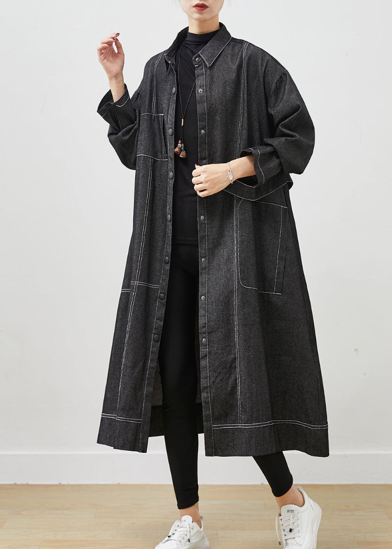 Zwarte Losse Denim Trenchcoat Oversized Zakken Lente - Dames trenchcoats