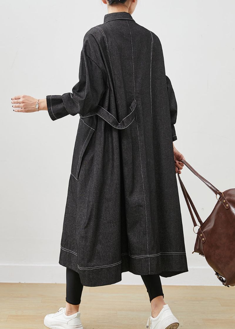 Zwarte Losse Denim Trenchcoat Oversized Zakken Lente - Dames trenchcoats