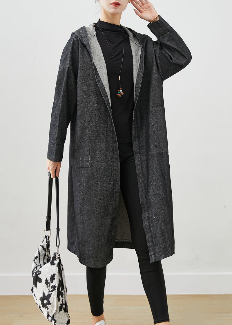 Zwarte Oversized Denim Trenchcoats Met Capuchon En Zakken Herfst