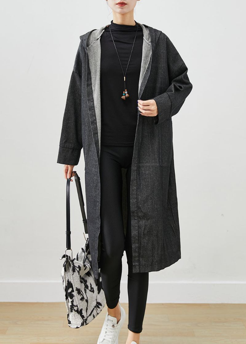 Zwarte Oversized Denim Trenchcoats Met Capuchon En Zakken Herfst - Dames trenchcoats