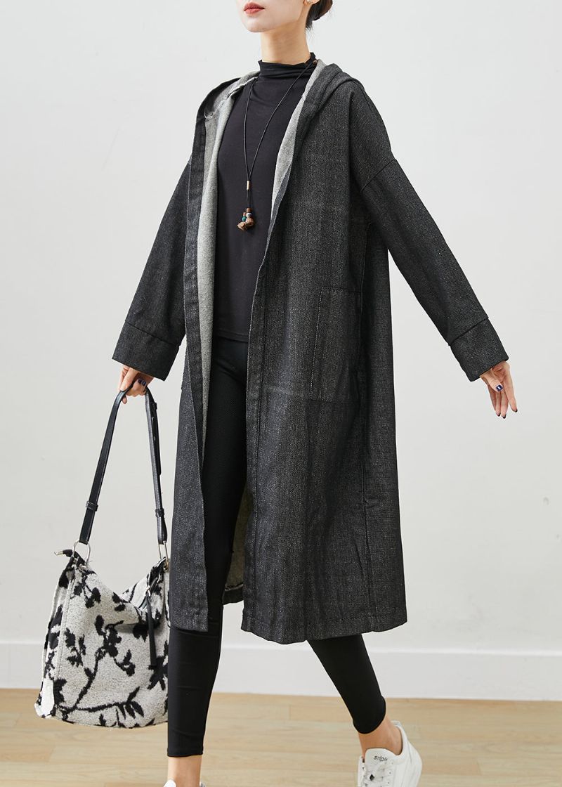 Zwarte Oversized Denim Trenchcoats Met Capuchon En Zakken Herfst - Dames trenchcoats