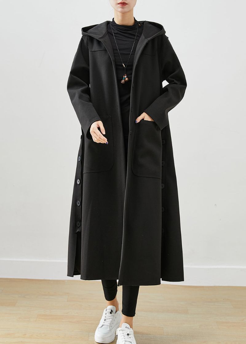 Zwarte Oversized Katoenen Jas Met Capuchon En Zakken Herfst - Dames trenchcoats