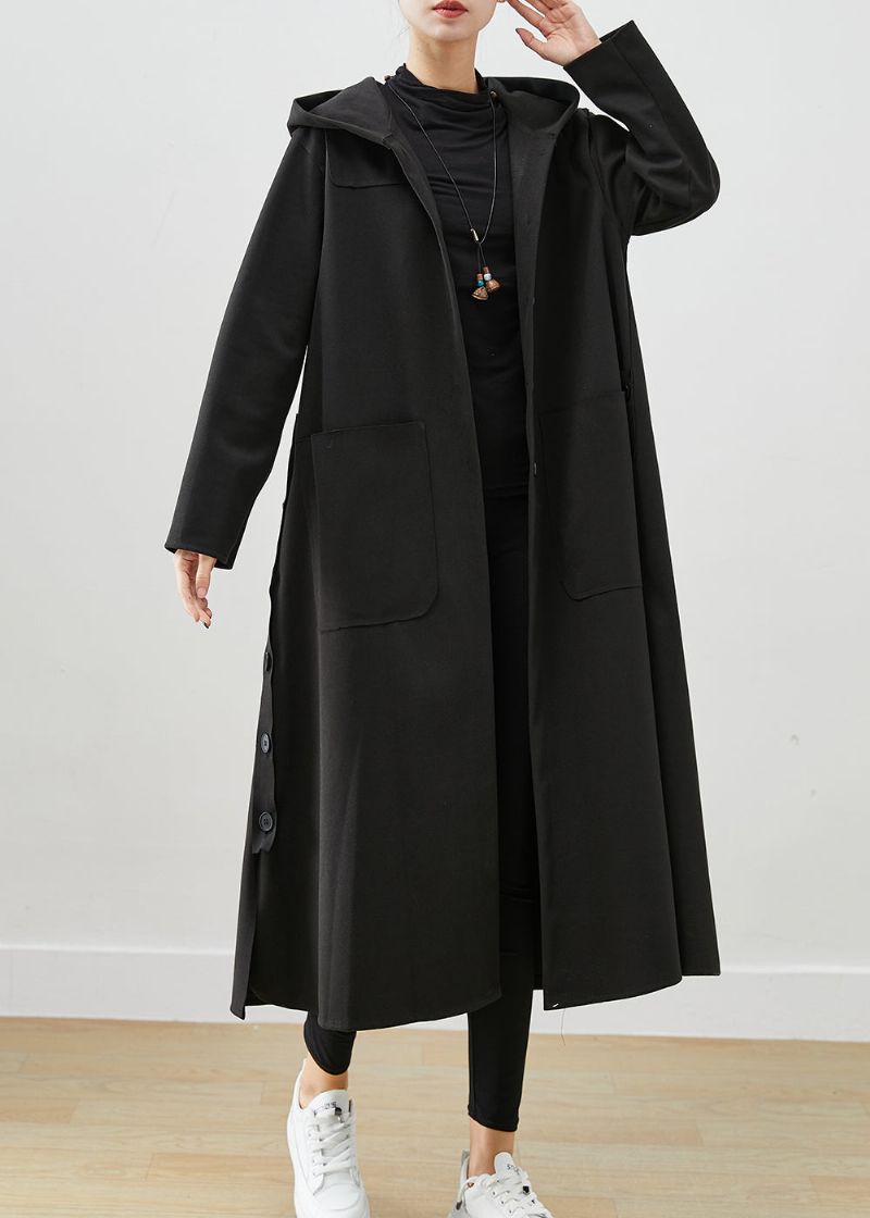 Zwarte Oversized Katoenen Jas Met Capuchon En Zakken Herfst - Dames trenchcoats