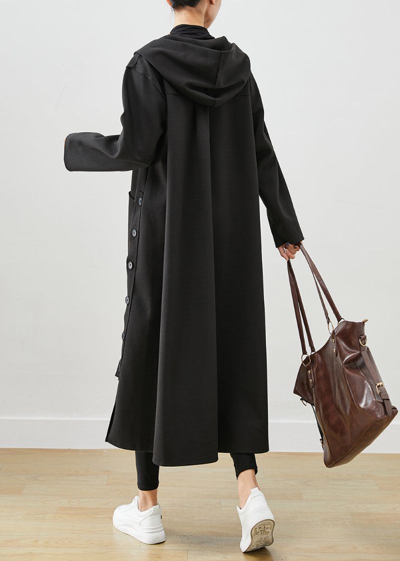 Zwarte Oversized Katoenen Jas Met Capuchon En Zakken Herfst - Dames trenchcoats