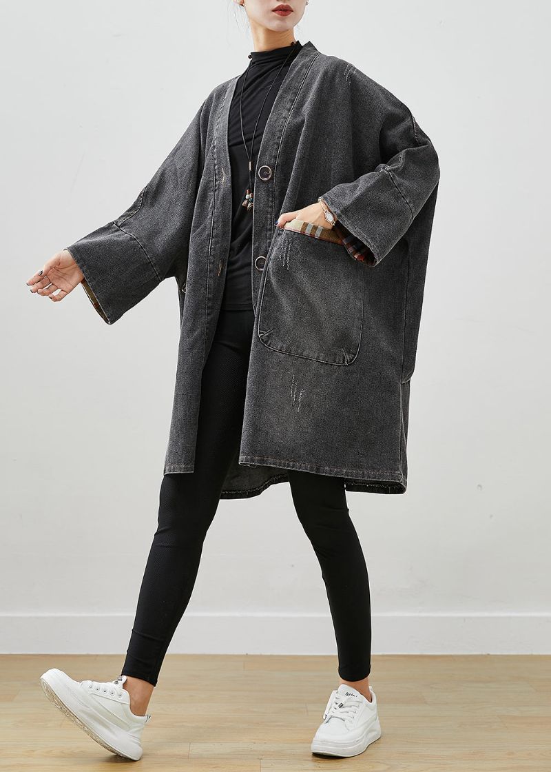 Zwarte Patchwork Denim Trenchcoat Uitloper Oversized Herfst