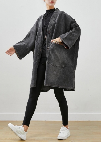 Zwarte Patchwork Denim Trenchcoat Uitloper Oversized Herfst