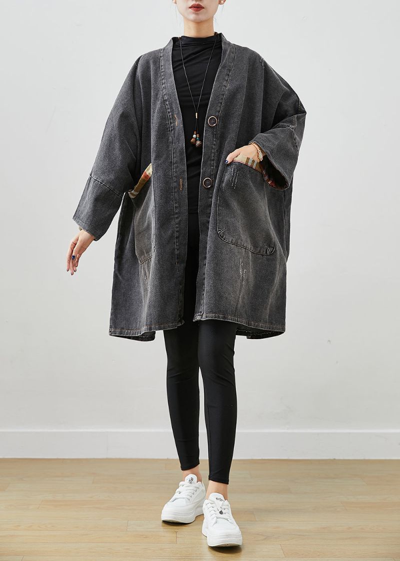 Zwarte Patchwork Denim Trenchcoat Uitloper Oversized Herfst - Dames trenchcoats