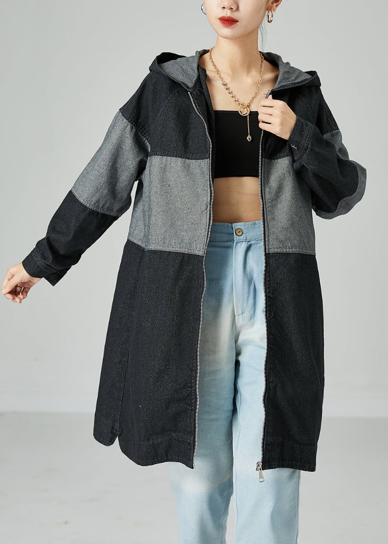 Zwarte Patchwork Katoenen Denim Trenchcoat Oversized Lente