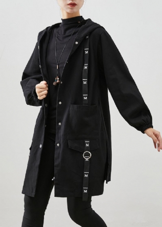 Zwarte Patchwork Katoenen Trenchcoat Met Capuchon Oversized Herfst