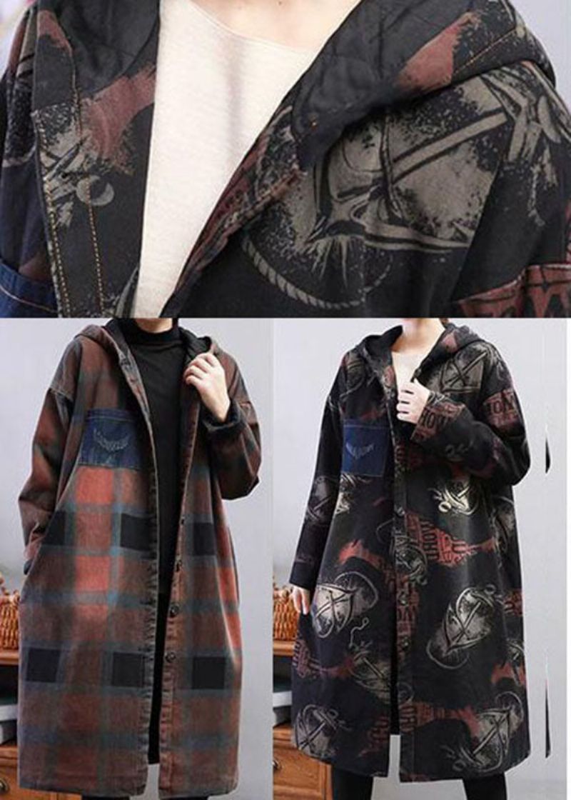 Zwarte Print Fijne Katoenen Gevulde Jas Met Capuchon Dikke Winter - Dames trenchcoats