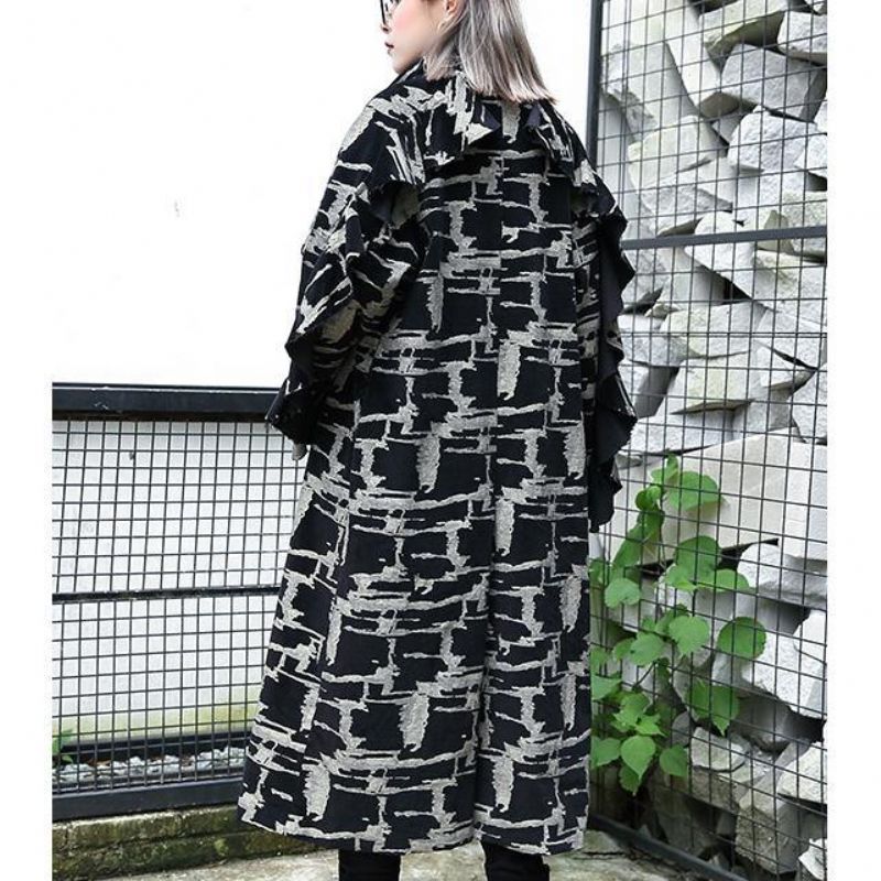 Zwarte Print Jas Plus Size Revers Patchwork Jas Fijne Asymmetrische Design Jas - Dames trenchcoats