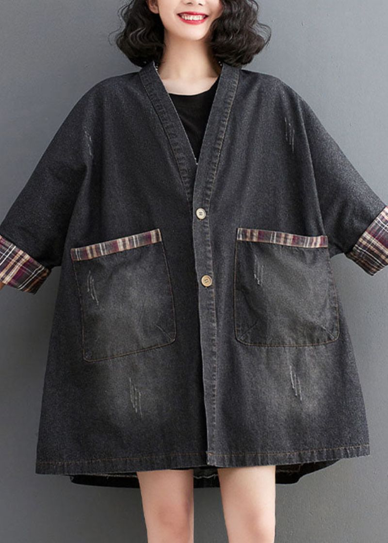 Zwarte Zakken Knoop Laag Hoog Design Denim Trenchcoat Herfst - Bruin