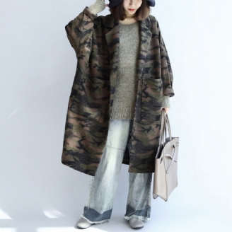 Zwartgroene Camouflage Casual Wollen Vesten Oversized Zakken Trenchcoats Met Lange Mouwen