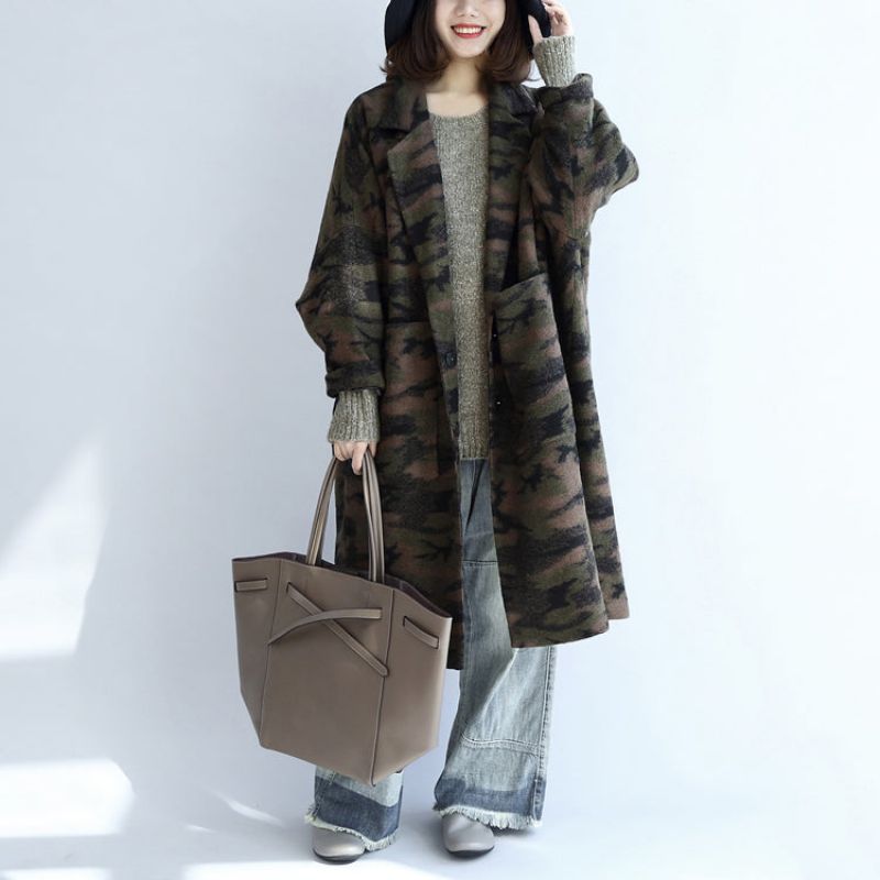 Zwartgroene Camouflage Casual Wollen Vesten Oversized Zakken Trenchcoats Met Lange Mouwen - Dames trenchcoats