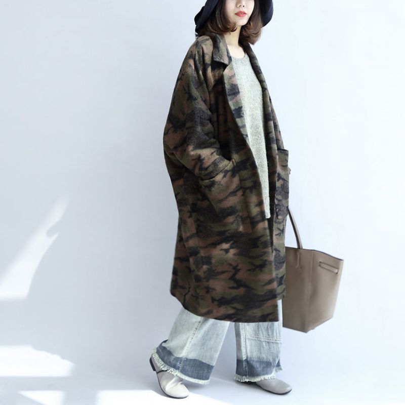 Zwartgroene Camouflage Casual Wollen Vesten Oversized Zakken Trenchcoats Met Lange Mouwen - Dames trenchcoats