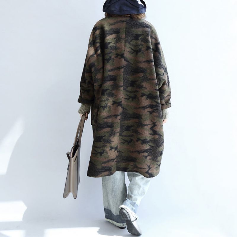 Zwartgroene Camouflage Casual Wollen Vesten Oversized Zakken Trenchcoats Met Lange Mouwen - Dames trenchcoats