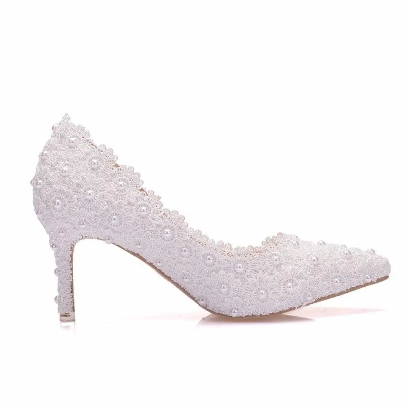 Crystal Queen Pumps Hoge Hakken Dames Trouwschoenen Kant Witte Bloemen Parel Bruids - Wit