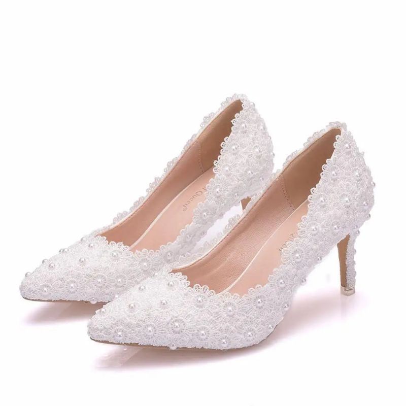 Crystal Queen Pumps Hoge Hakken Dames Trouwschoenen Kant Witte Bloemen Parel Bruids - Wit