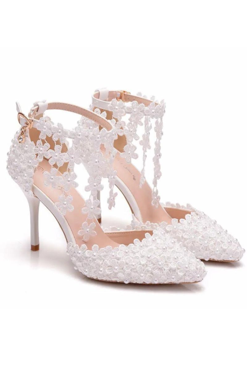 Crystal Queen Strass Puntschoen Vrouwen Hoge Hakken Bloem Kant Enkelbandje Sandalen Parel Decoratie Feest Bruiloft Schoenen