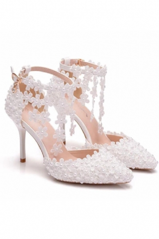 Crystal Queen Strass Puntschoen Vrouwen Hoge Hakken Bloem Kant Enkelbandje Sandalen Parel Decoratie Feest Bruiloft Schoenen