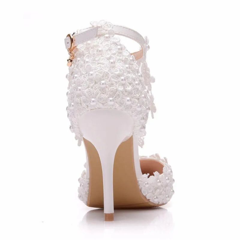 Crystal Queen Strass Puntschoen Vrouwen Hoge Hakken Bloem Kant Enkelbandje Sandalen Parel Decoratie Feest Bruiloft Schoenen - Wit