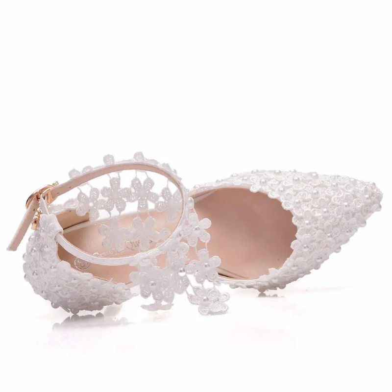 Crystal Queen Strass Puntschoen Vrouwen Hoge Hakken Bloem Kant Enkelbandje Sandalen Parel Decoratie Feest Bruiloft Schoenen - Wit