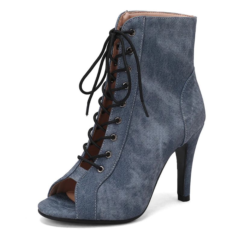 Dames Party Denim Doek Laarzen Hoge Hakken Schoenen - Zwart