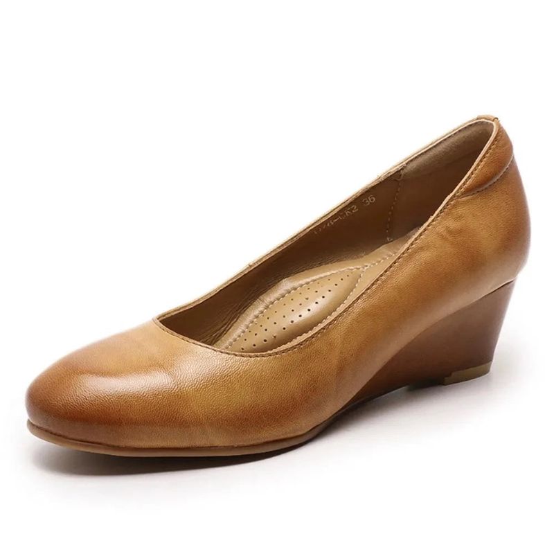 Dames Premium Lederen Wedge Pumps Handgemaakte Kledingschoenen - Bruin