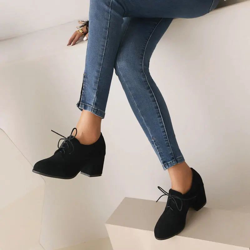 Damespumps Ronde Neus Blokhakken Flock Suede Office Lady Casual Vrouwelijke Schoenen - Zwart