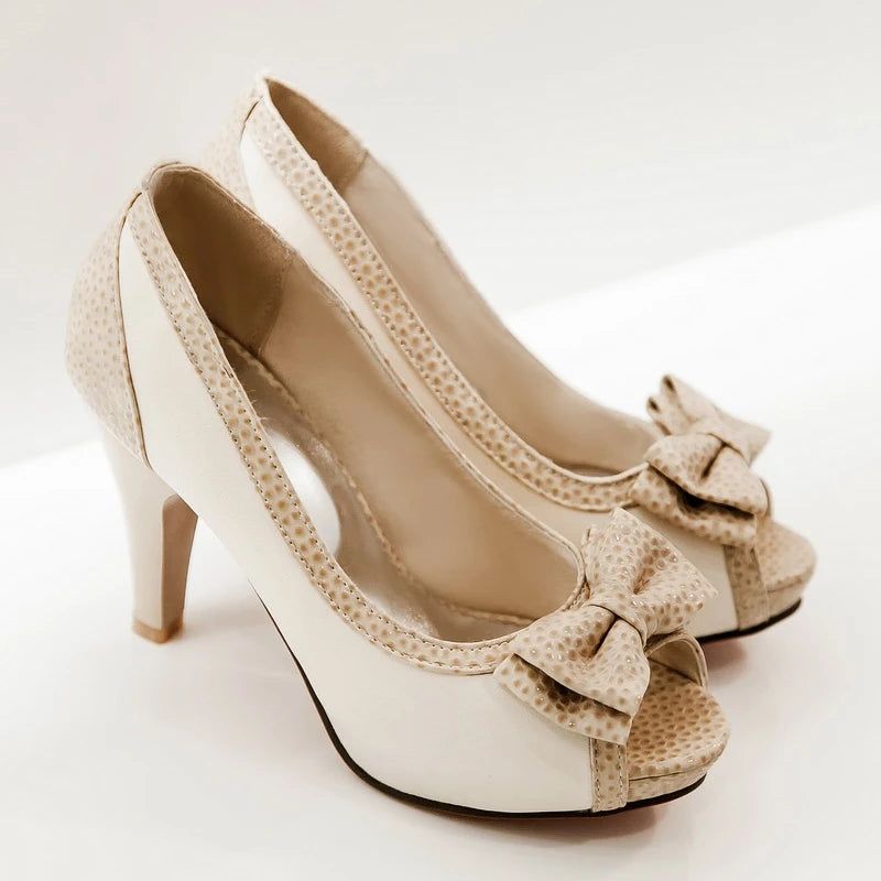 Damespumps Schoenen Hoge Hakken Jurk Pomp Peep Toe Zoete Vlinderdas Dames - Beige