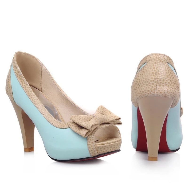 Damespumps Schoenen Hoge Hakken Jurk Pomp Peep Toe Zoete Vlinderdas Dames - Beige