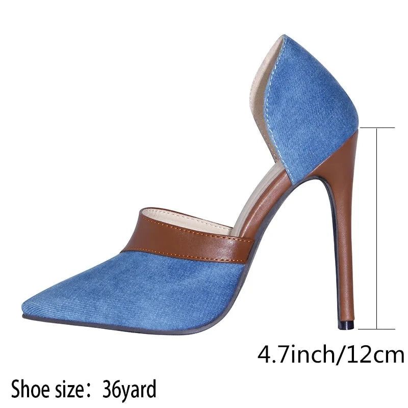 Denim Schoenen Dames Pompen Zomer Lente Hoge Hakken Puntschoen Slip Op Slides Dame - Blauw