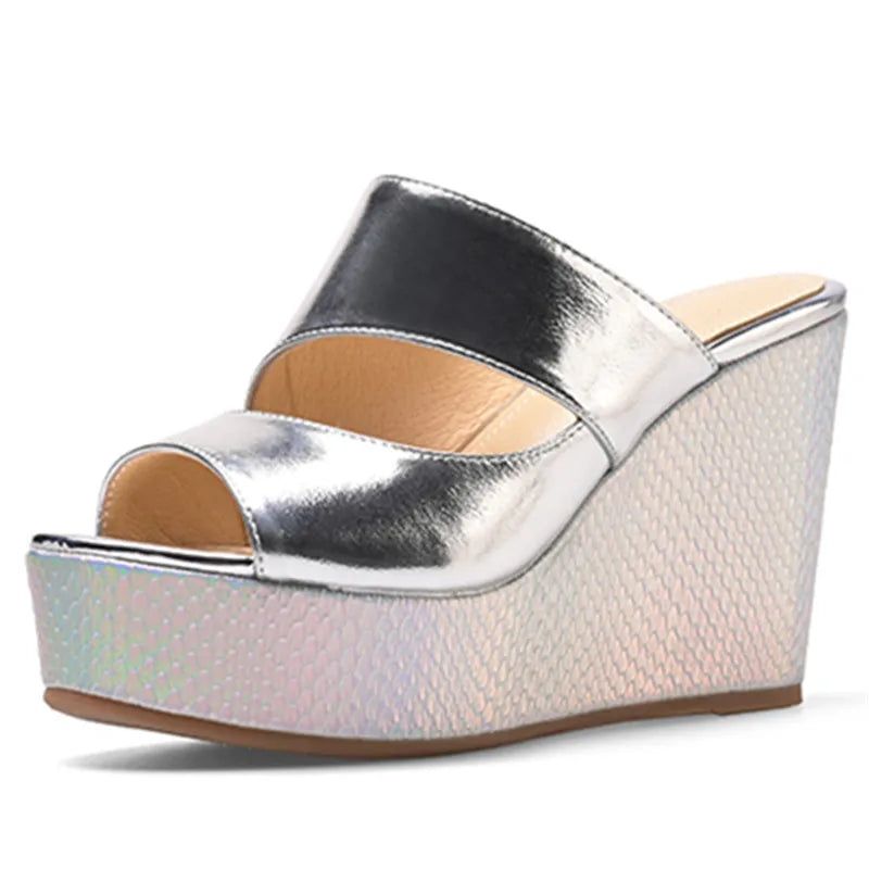 Echt Leer Zomerpantoffels Dames Wiggen Hoge Hakken Slippers Straatstijl Casual Platformschoenen - Goud