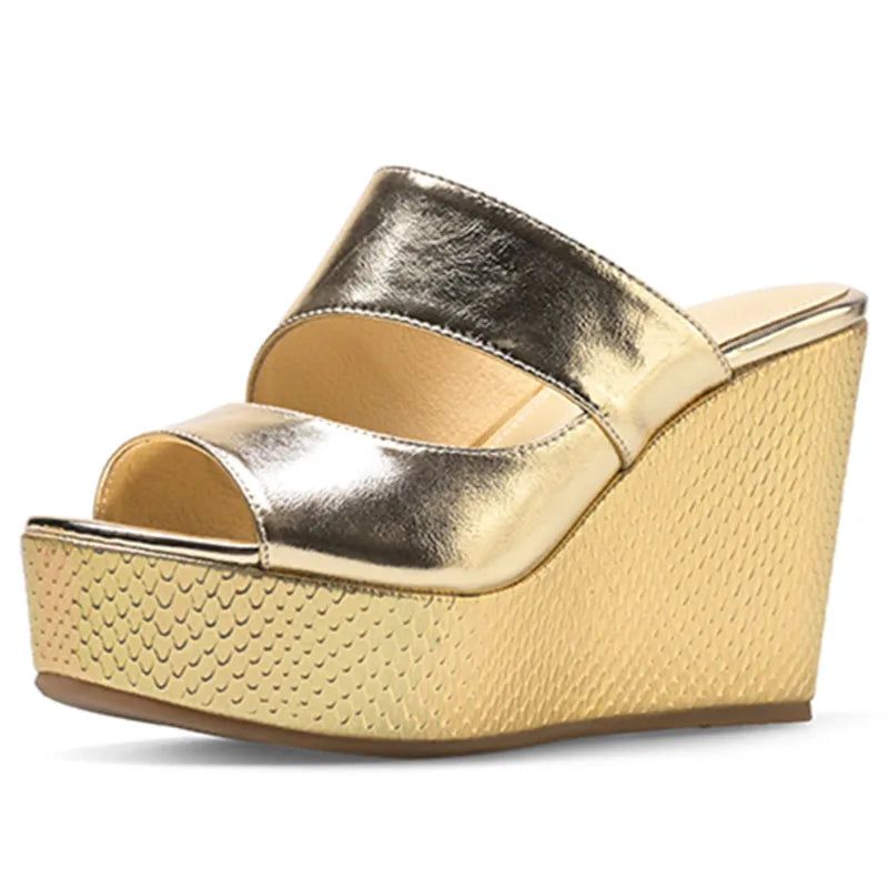 Echt Leer Zomerpantoffels Dames Wiggen Hoge Hakken Slippers Straatstijl Casual Platformschoenen - Goud