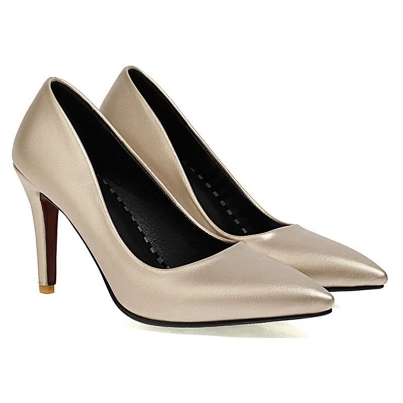 Geklede Schoenen Dame Pointe Toe Dunne Hak Pumps Leer Kantoor Zilver Goud Bruiloft - Goud