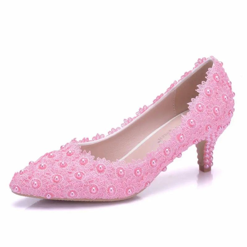 Kitten Heel Girl Dress Lace Flower Party Prom Bruiloft Bruidsschoenen Bruidsmeisje Pumps - Roze