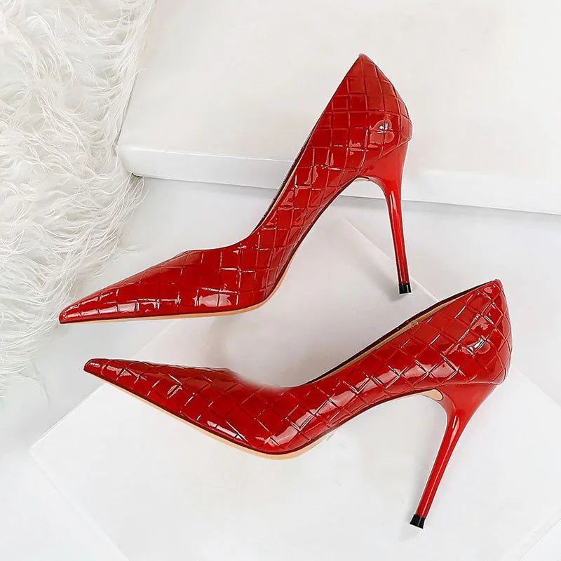 Lente Damesschoenen Hoge Hak Lakleer Trouwschoenen Puntige Neus Party Pumps - Rood