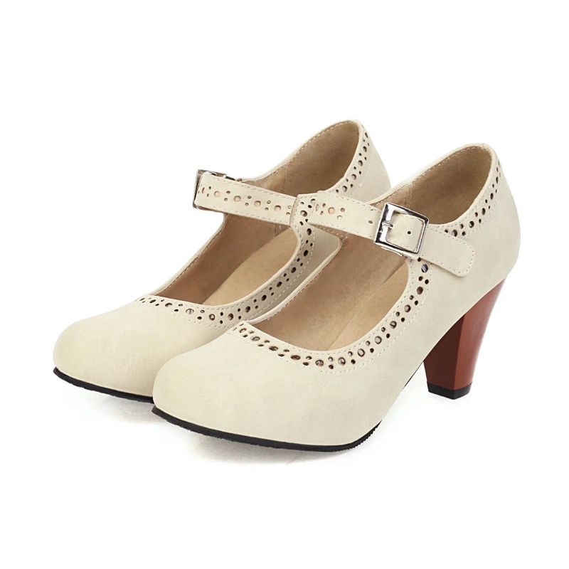 Leren Geperforeerde Oxfords-brogueschoenen Voor Dames Vintage Pumps Met Holle Spijkerhak - Beige