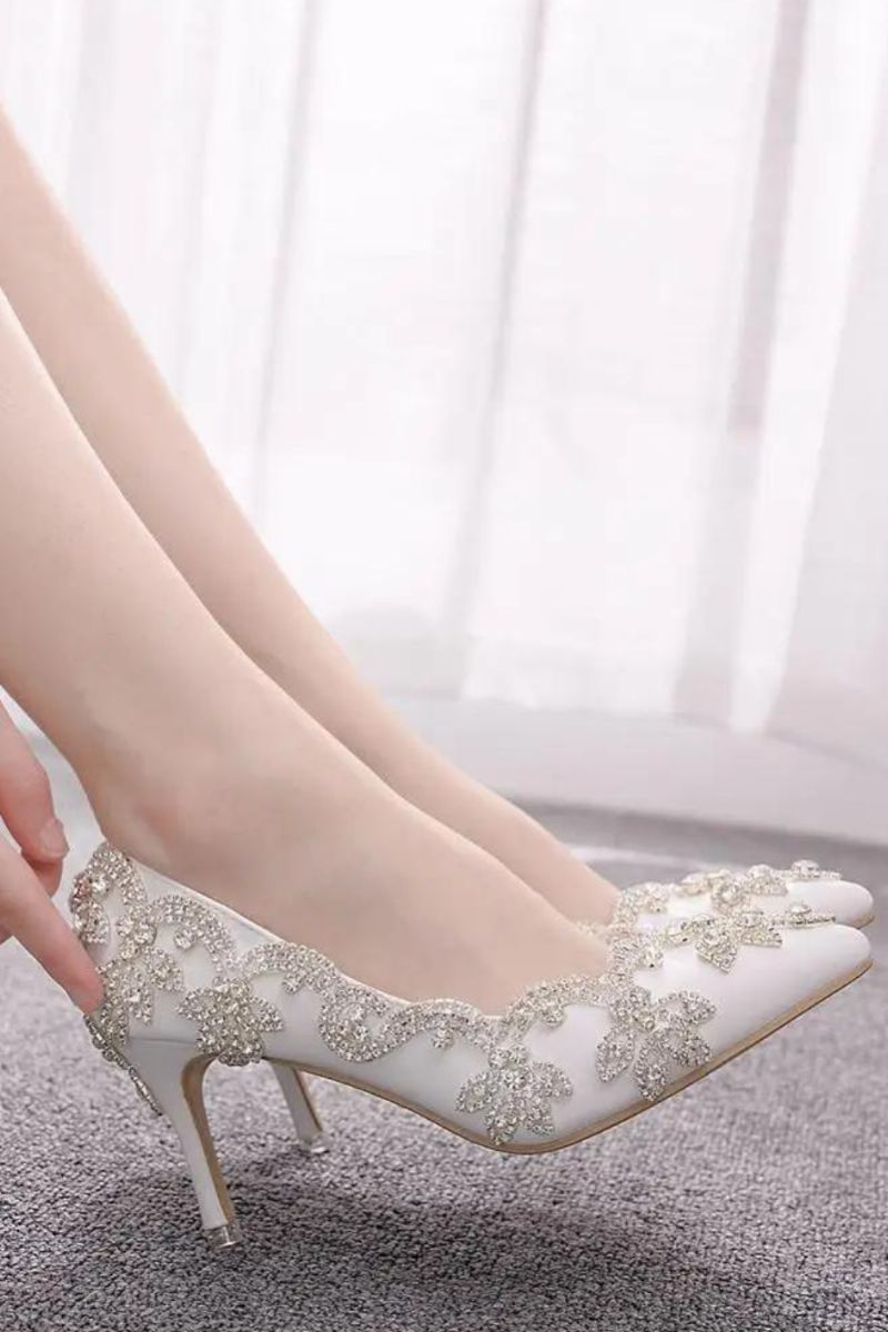 Vrouwen Schoenen Hoge Hakken Bruiloft Dunne 7cm Witte Diamant Glinsterende Avondjurk Bruid Pompen