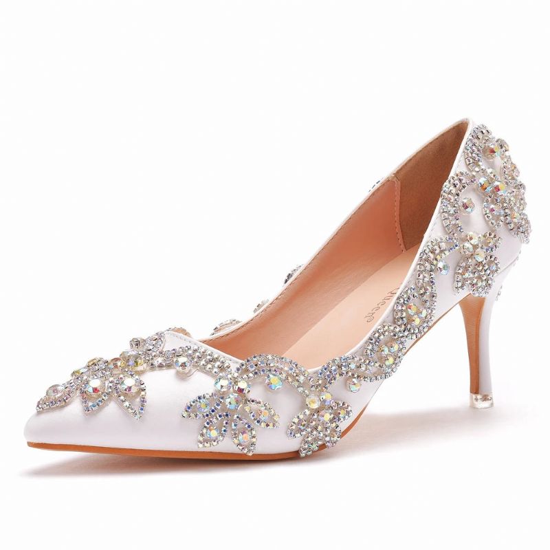 Vrouwen Schoenen Hoge Hakken Bruiloft Dunne 7cm Witte Diamant Glinsterende Avondjurk Bruid Pompen - Wit