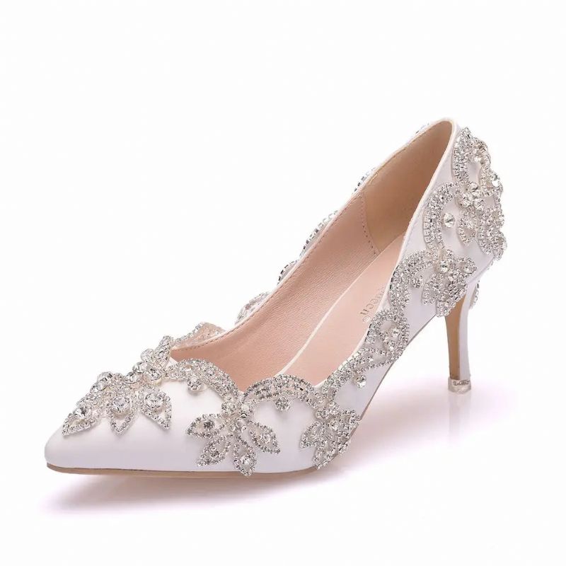 Vrouwen Schoenen Hoge Hakken Bruiloft Dunne 7cm Witte Diamant Glinsterende Avondjurk Bruid Pompen - Wit