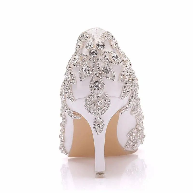 Vrouwen Schoenen Hoge Hakken Bruiloft Dunne 7cm Witte Diamant Glinsterende Avondjurk Bruid Pompen - Wit